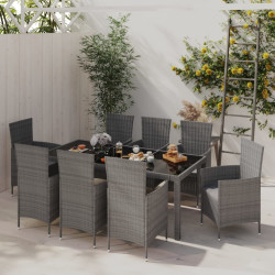 9 Pcs conjunto jantar exterior c/ almofadões vime PE cinzento