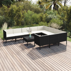 11 Pcs conjunto lounge de jardim c/ almofadões vime PE preto