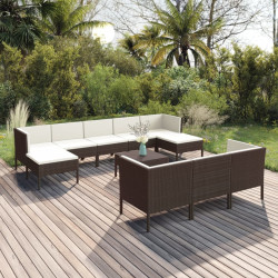11 Pcs conjunto lounge jardim c/ almofadões vime PE castanho