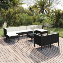 10 Pcs conjunto lounge de jardim c/ almofadões vime PE preto
