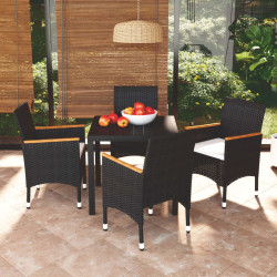 5 Pcs conjunto de jantar p/ jardim c/ almofadões vime PE preto