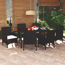 7 Pcs conjunto de jantar p/ jardim c/ almofadões vime PE preto