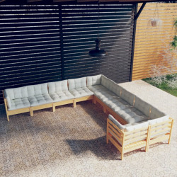 10 Pcs conjunto lounge de jardim c/ almofadões cor creme pinho