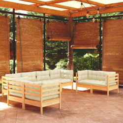8 Pcs conjunto lounge jardim c/ almofadões creme pinho maciço