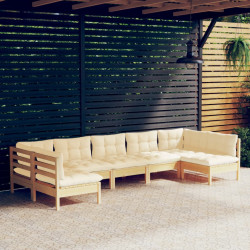 7 Pcs conjunto lounge jardim c/ almofadões creme pinho maciço