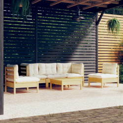 6 Pcs conjunto lounge jardim c/ almofadões creme pinho maciço