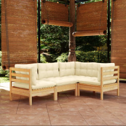 4 Pcs conjunto lounge de jardim c/ almofadões cor creme pinho