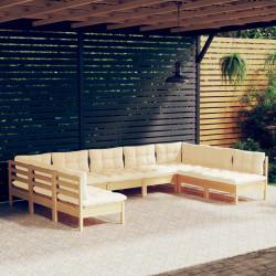 9 Pcs conjunto lounge jardim c/ almofadões creme pinho maciço