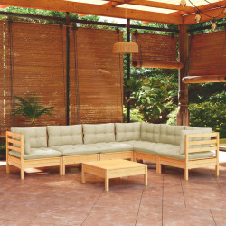 7 Pcs conjunto lounge jardim c/ almofadões creme pinho maciço