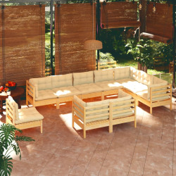 10 Pcs conjunto lounge jardim c/ almofadões creme pinho maciço