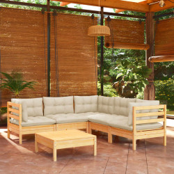6 Pcs conjunto lounge jardim c/ almofadões creme pinho maciço
