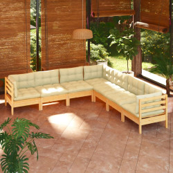 7 Pcs conjunto lounge jardim c/ almofadões creme pinho maciço