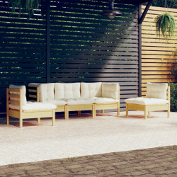 5 Pcs conjunto lounge jardim c/ almofadões creme pinho maciço