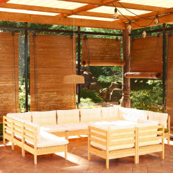 11 Pcs conjunto lounge jardim c/ almofadões creme pinho maciço