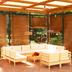 12 Pcs conjunto lounge jardim c/ almofadões creme pinho maciço