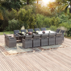 15 Pcs conjunto jantar p/ jardim c/ almofadões vime PE cinzento