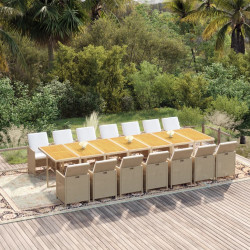 15 Pcs conjunto de jantar p/ jardim com almofadões vime PE bege