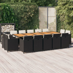 15 Pcs conjunto jantar p/ jardim c/ almofadões vime PE preto