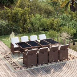 9 Pcs conjunto jantar p/ jardim c/ almofadões vime PE castanho