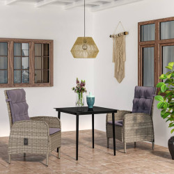3 Pcs conj. de jantar para jardim c/ almofadões cinzento/preto