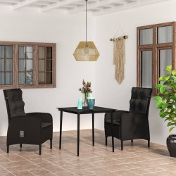 3 Pcs conjunto de jantar para jardim com almofadões preto