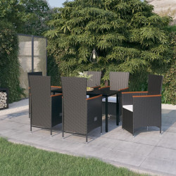 7 Pcs conjunto de jantar para jardim com almofadões preto