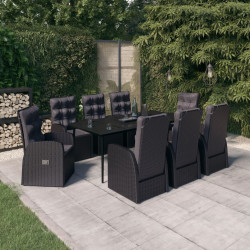 9 Pcs conjunto de jantar para jardim com almofadões preto