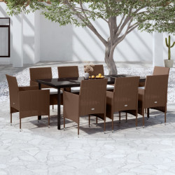 9 Pcs conjunto de jantar p/ jardim c/ almofadões castanho/preto