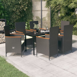 7 Pcs conjunto de jantar para jardim com almofadões preto