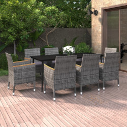 9 Pcs conjunto jantar jardim c/ almofadões vime PE e vidro