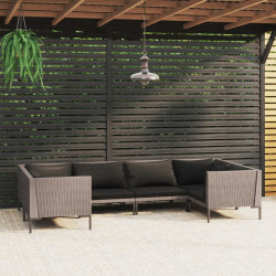 6 Pcs conj. lounge jardim c/ almofadões vime PE cinza-escuro