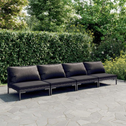 4 Pcs conj. lounge jardim c/ almofadões vime PE cinza-escuro