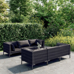 7 Pcs conj. lounge jardim c/ almofadões vime PE cinzento-escuro