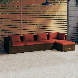 5 Pcs conjunto lounge jardim c/ almofadões vime PE castanho
