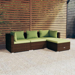 4 Pcs conjunto lounge jardim c/ almofadões vime PE castanho