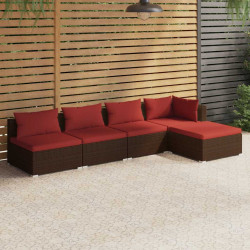 5 Pcs conjunto lounge jardim c/ almofadões vime PE castanho