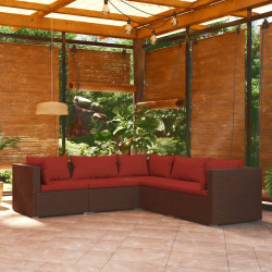 5 Pcs conjunto lounge jardim c/ almofadões vime PE castanho