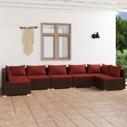 7 Pcs conjunto lounge jardim c/ almofadões vime PE castanho