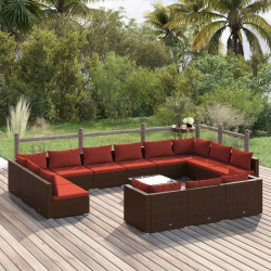 14 Pcs conjunto lounge jardim c/ almofadões vime PE castanho