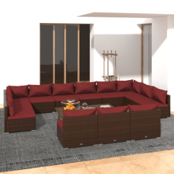13 Pcs conjunto lounge jardim c/ almofadões vime PE castanho