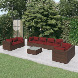9 Pcs conjunto lounge jardim c/ almofadões vime PE castanho