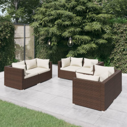 6 Pcs conjunto lounge jardim c/ almofadões vime PE castanho
