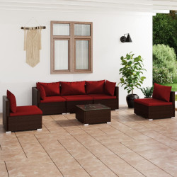 6 Pcs conjunto lounge jardim c/ almofadões vime PE castanho