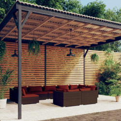 9 Pcs conjunto lounge jardim c/ almofadões vime PE castanho