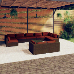 10 Pcs conjunto lounge jardim c/ almofadões vime PE castanho