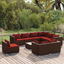 10 Pcs conjunto lounge de jardim c/ almofadões vime PE castanho