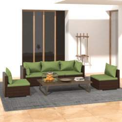 5 Pcs conjunto lounge de jardim c/ almofadões vime PE castanho