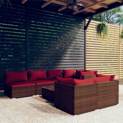 8 Pcs conjunto lounge jardim c/ almofadões vime PE castanho