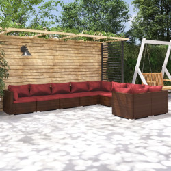9 Pcs conjunto lounge jardim c/ almofadões vime PE castanho