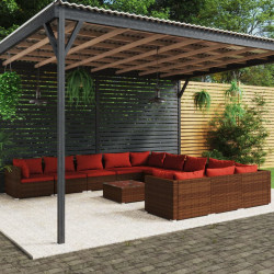 12 Pcs conjunto lounge de jardim c/ almofadões vime PE castanho